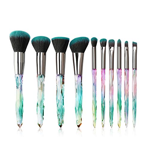 Makeup Brushes Crystal Handle Set, Tenmon 10 PCS Crystal Transparent Handle Kabuki Powder Foundation Brush Concealer Eye Shadow Eyeliner Eyebrow Brush (Green) - color: Green
