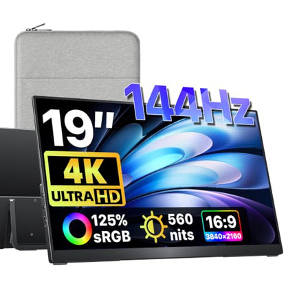 VisionOwl Portable Monitor 19 Inch 4K UHD 144Hz 560 nits 125% sRGB Second Screen, USB-C HDMI HDR Travel Monitor for Laptop PC MacBook PS5 Xbox, VESA Mountable, with Speakers, Built-in Kickstand - size: 19 inch