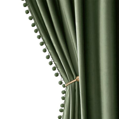 MIULEE Olive Green Pom Pom Velvet Blackout Curtains W52 x L63, Set of 2 | Rod Pocket Curtains,Thermal Insulating,Blackout Curtains for Bedroom/Home Theater/Living Room Darkening - color: Olive Green, size: 52"W x 63"L (Pack of 2)