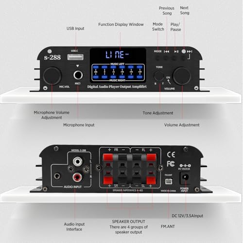 1200W Amplifier Home Audio 4 Channel, Bluetooth 5.0 RMS 45Wx4