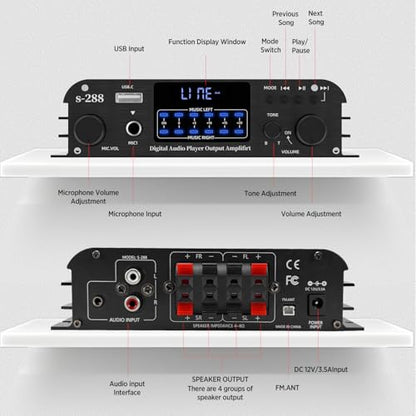 1200W Amplifier Home Audio 4 Channel, Bluetooth 5.0 RMS 45Wx4