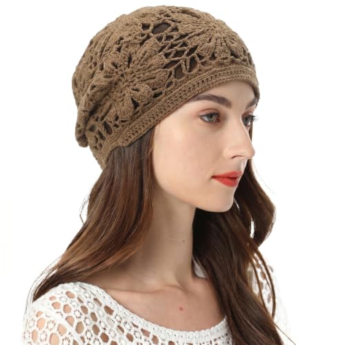 ZLYC Women Cotton Crochet Slouchy Beanie Hat Handmade Knit Summer Skull Cap | Lightweight breathable,boho casual chic look,travel photos festival party,café commute daily wear,beach concert gathering - color: Knit Tan