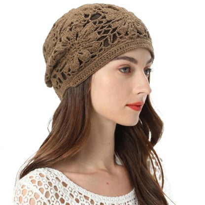 ZLYC Women Cotton Crochet Slouchy Beanie Hat Handmade Knit Summer Skull Cap | Lightweight breathable,boho casual chic look,travel photos festival party,café commute daily wear,beach concert gathering - color: Knit Tan