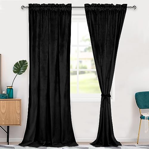 Hiasan Black Velvet Blackout Curtains 96 inches Long, 2 Panels, 42W x 96L - color: Black, size: 42"W x 96"L (Pack of 2)