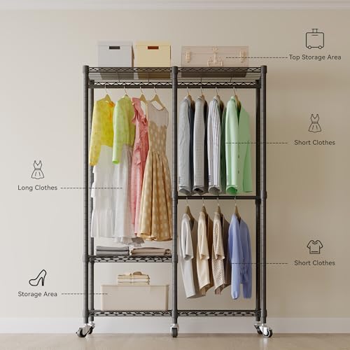 Higeego H9 Garment Rack with Cover, Heavy Duty Clothing Rack for Hanging Clothes, Portable Closet with wheels, Wardrobe Closet with Adjustable Shelves, Black Rack Shelf with Black Fabric Cover - style: with Black Cover