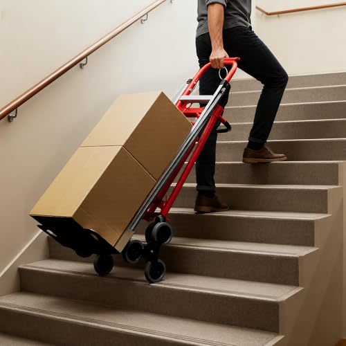 Heavy Duty Aluminum Hand Truck, 3-in-1 Convertible Folding Dolly Cart, Stair Climbing Hand Truck with Wheels, Industrial Platform Trolley for Warehouse, Home, Office & Transport Moving - color: Red+silver