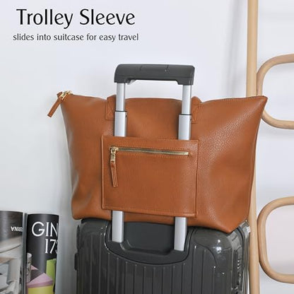 HOXIS Tote Bag for Women with Zipper Vegan Leather Handbag with Trolley Sleeve Travel Weekender Carryall Bag - color: Orange-brown