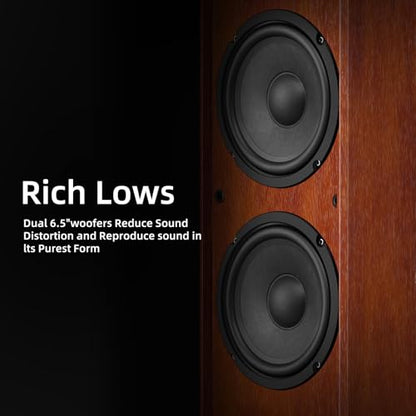 Elimavi Floor Standing Tower Speakers Pair, Dual 6.5" Woofers, 120W, Brown | 1" silk dome tweeter, passive hi-fi design, home theater ready, MDF wood cabinet, rich warm sound, for stereo & movies - color: Brown