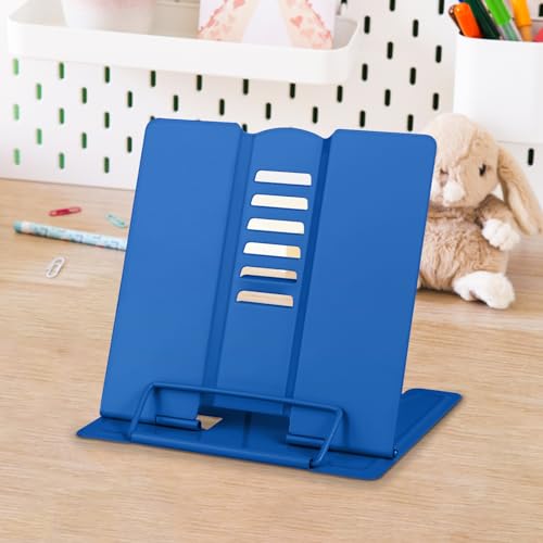 Honagu Small Book Stand and Holder - Metal Desk Stand for Hands-Free Reading, Adjustable for Cookbooks, Music Books, Tablets, IPads (Deep Blue) - color: Deep Blue