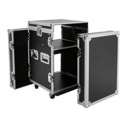 12U Mobile PA DJ Rack Road Case, Network & Stereo Rack with DJ Mixer Tops, Heavy-Duty 2-Tier Studio Equipment Cabinet with 4 Wheels, Amplifier Mixer Storage Stand for Live Sound, KTV, Home Theater - size: 12U / Side Table