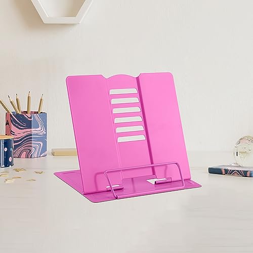 MSDADA Small Desk Book Stand Metal Reading Rest Book Holder | Adjustable Cookbook Documents Holder Portable Sturdy Bookstands for Recipes Textbooks Tablet Music Books(Rose Red) - color: Rose Red