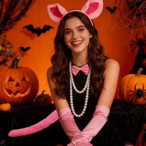 6 Pieces Pig Costume Set Animal Ears Headband with Bow Tie Tail Glove Necklace Halloween Pig Ears Headband Pink Pig Cosplay Set for Cosplay Costume Party Accessories