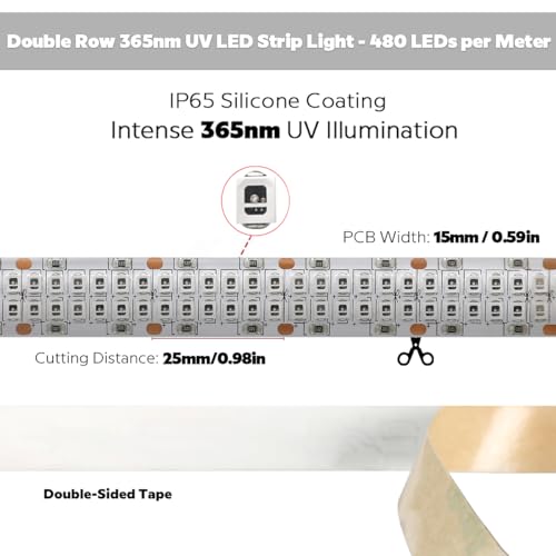 24V Splash-Proof 365nm LED Strip, Strong UV Light Dual Row 480 LEDs 2835 SMD 1m 3.28ft, Flexible Cuttable Dimmable 22W High Power Blacklight LED Tape for Resin and Pet Urine Detection (365nm, IP65) - size: IP65 Splash-Proof
