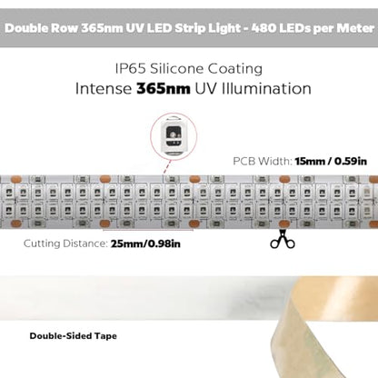 24V Splash-Proof 365nm LED Strip, Strong UV Light Dual Row 480 LEDs 2835 SMD 1m 3.28ft, Flexible Cuttable Dimmable 22W High Power Blacklight LED Tape for Resin and Pet Urine Detection (365nm, IP65) - size: IP65 Splash-Proof