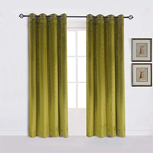 Super Soft Luxury Room Darkening Velvet Moss Green Thermal Blackout Curtain Panel Drapes Grommet Draperies Eyelet 52Wx63L inch Green Yellow,2 Panels - color: Moss-green, size: 52Wx63L