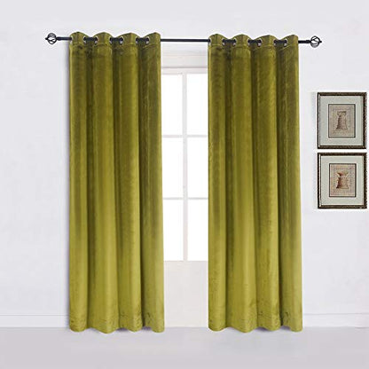 Super Soft Luxury Room Darkening Velvet Moss Green Thermal Blackout Curtain Panel Drapes Grommet Draperies Eyelet 52Wx63L inch Green Yellow,2 Panels - color: Moss-green, size: 52Wx63L