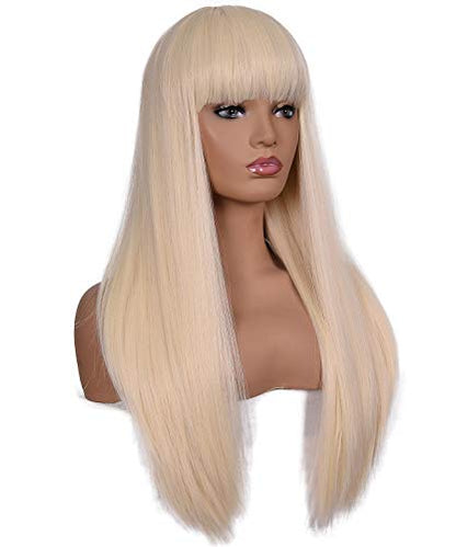 morvally Women's 26 inches Long Straight Blonde Synthetic Resistant Hair Wigs with Bangs Natural Looking Wig for Women Halloween Cosplay (Blonde) - color: Blonde