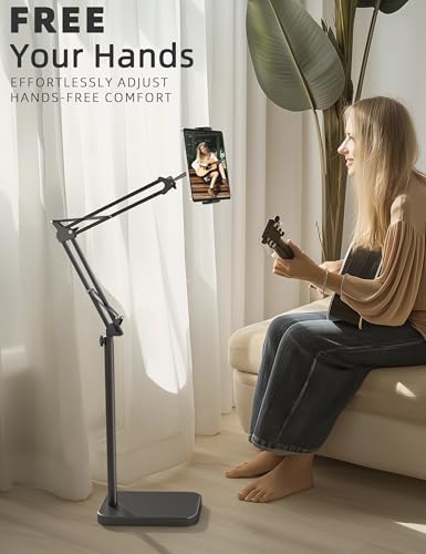 BluuSuuk Tablet Floor Stand with 11lb Stable Base - Adjustable Height Stretchable Arm Swivel Holder Mount, Compatible with iPad Pro Air Mini 12.9/9.7, Kindle, Galaxy Tab, Cell Phones (4.7''-13'')