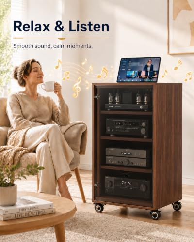 4-Tier Walnut Media Cabinet with Glass Door & Adjustable Shelves | 198 lb Capacity, Clear Tempered Glass with Metal Frame, Ventilated Design, Cable Management, and Locking Caster Wheels - color: Walnut, size: 4-tier