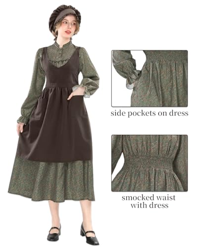 NSPSTT Prairie Dress Women Pioneer Dress Colonial Costume - color: Green Dress+brown Apron, size: X-Large
