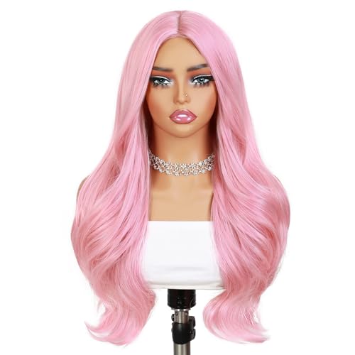 Quantum Love Long Curly Pink Wig for Women Long Wavy Middle Part Light Pink Wigs 28Inch Natural Looking Synthetic Fashion Color Hair for Cosplay Halloween Daily Party Use - color: Pink