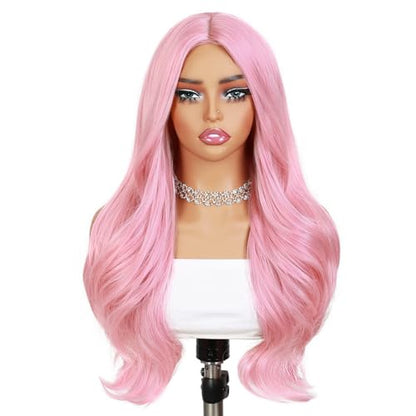 Quantum Love Long Curly Pink Wig for Women Long Wavy Middle Part Light Pink Wigs 28Inch Natural Looking Synthetic Fashion Color Hair for Cosplay Halloween Daily Party Use - color: Pink
