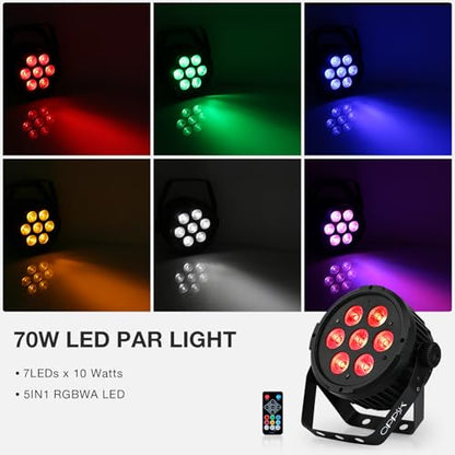 70W 7LED RGBWA DMX Stage Par Lights by Remote Control | Auto Play Sound Activated, Uplights for Wedding Church Christmas Club Bands Mobile DJ Events Party
