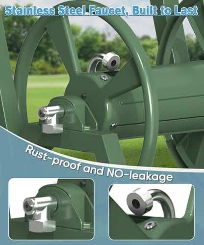 Garden Hose Reel Cart with Wheels, Holds 165 ft of 5/8’’ Hose Outdoor Heavy Duty Powder-coated Steel Water Storage Holder Rack with 3.9 Ft Leader Hose for Outside Lawn Yard, Green