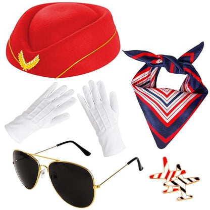 5 Pcs Flight Attendant Costume Accessories Women Airline Stewardess Outfits Flight Attendant Hat Pin Sunglasses Scarf Gloves - color: Red
