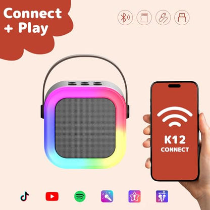 Karaoke Machine for Kids Adults, Mini Karaoke Machine with 2 Wireless Microphones, Portable Bluetooth Speaker with Voice Changing Effects & LED Lights, Best Gifts Toys for Girls and Boys - color: Black