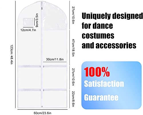 50 Inch Clear Garment Bags for Hanging Clothes (3 Pack), Extra Long Dance Costume Bags with 4 Zipper Pockets for Gowns, Lyrical Dresses & Pageant Competitions, Waterproof PVC Travel Carrier - size: 50"