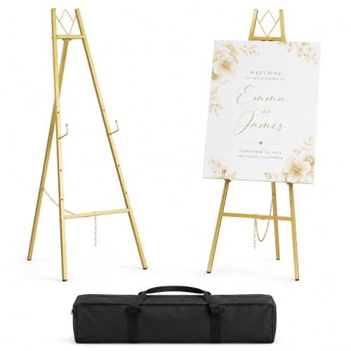 Gold Easel Stand for Sign Wedding, 57.5-Inch Adjustable Metal Stand | Welcome Sign Holder 4-tier Display Height, with Carry Bag, for Posters, Art, Pictures, Up to 10-25 lb