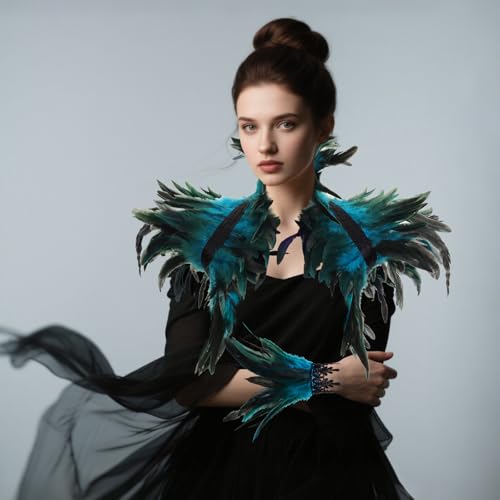 2Pcs Witch Feather Shawl Wrist Cuff for Women | Gothic Crow Shrug Shawl, for Halloween, Feather Costume Accessories - color: Blue