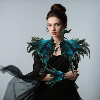 2Pcs Witch Feather Shawl Wrist Cuff for Women | Gothic Crow Shrug Shawl, for Halloween, Feather Costume Accessories - color: Blue