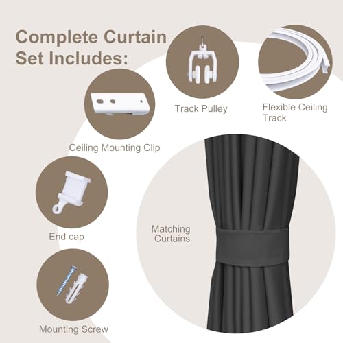 MaKefeile Room Divider Curtains & Flexible Bendable Tracks Set,Privacy Dividers Ceiling Track Curtain Window Blackout Curtains for Living Room Bedroom (W150 × H84 in 1 Panel Black Drape & White Rail) - color: Black, size: 150"W x 84"L (Pack of 1)