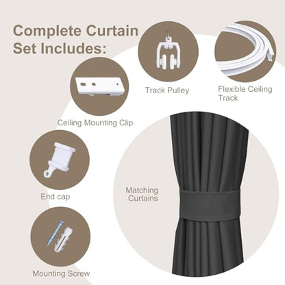 MaKefeile Room Divider Curtains & Flexible Bendable Tracks Set,Privacy Dividers Ceiling Track Curtain Window Blackout Curtains for Living Room Bedroom (W150 × H96 in 1 Panel Black Drape & White Rail) - color: Black, size: 150"W x 96"L (Pack of 1)