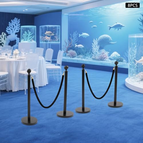 8 Pack Black Stainless Steel Stanchion Post with 4pcs 5FT Velvet Ropes, Red Carpet Ropes and Poles, Metal Crowd Control Barriers with Ball Top and Base for Events Hotels Museums