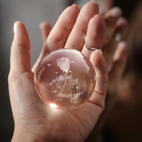 Flexzion 3D Rose Crystal Ball Night Light - LED Light Hologram Glass Lamp with Solid Wood Base, USB Powered Crystal Ball Lamp with Adjustable Brightness for Home Decor Display Gift, 2.4inch(60mm) | Rose Lamp with Solid Beech Wood Base and Adjustable Brigh