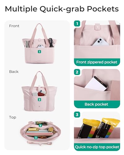 BAGSMART Tote Bag for Women, Foldable Tote Bag With Zipper Travel Shoulder Bag Handbag for Work - color: Baby Pink