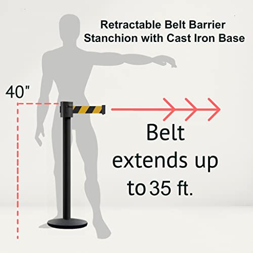Montour Line MI760 Retractable Belt Barrier Stanchions, Set of 2 | 35 Ft Black and Red Diagonal Belt, Black Powder Coated Post and Cast Iron Base - color: Black and Red Diagonal, size: Black Powder Coated