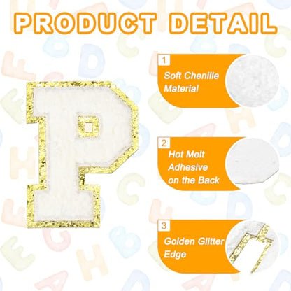 MECCANIXITY Chenille Letter Patches 3.1" Alphabet P Iron on Embroidered Patch Sew on Letter Stickers Applique for Repairing Clothing Jeans Shoes Hats DIY(White, Pack of 4) - style: Letter-P