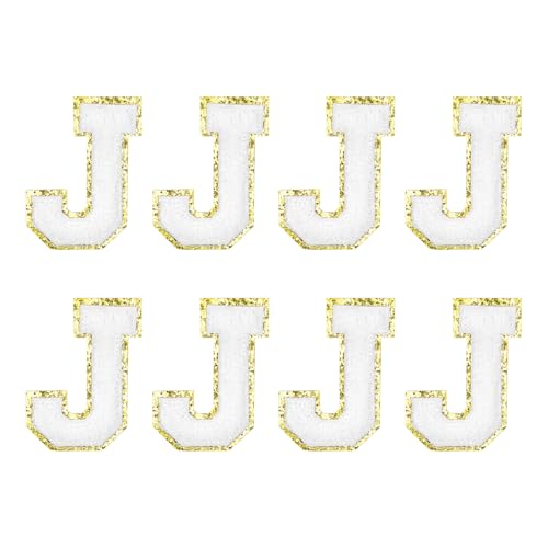 MECCANIXITY Chenille Letter Patches 2.2" Self Adhesive Alphabet J Stick on Embroidered Patch Sew on Letter Stickers Applique for Repairing Clothing Jeans Shoes Hats DIY(White, Pack of 8) - style: Letter J