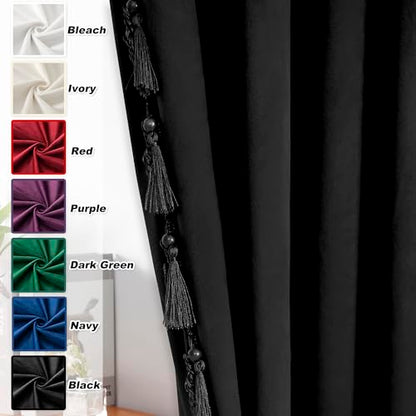 Fazhesici Black Velvet Blackout Curtains, Rod Pocket 2 Panels, 52”W x 84”H | Velvet Drapes with Tassels, Thermal Soundproof Blackout Curtains for Living Room - color: Black, size: 52"W x 84"L (Pack of 2)