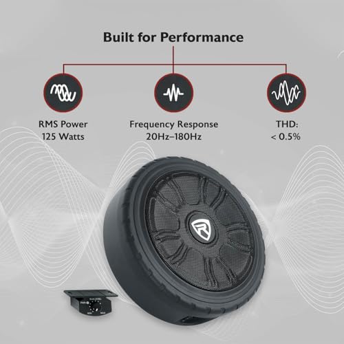 Rockville Wheel of BASS 8 Inch Slim Under-Seat Powered Truck/Car Subwoofer | 500W Peak, 125W RMS, Cast Aluminum, Metal Bass Knob, Auto Turn-On, High/Low Level Inputs, MOSFET