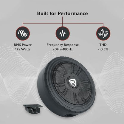 Rockville Wheel of BASS 8 Inch Slim Under-Seat Powered Truck/Car Subwoofer | 500W Peak, 125W RMS, Cast Aluminum, Metal Bass Knob, Auto Turn-On, High/Low Level Inputs, MOSFET