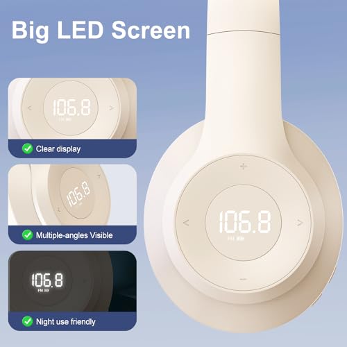 X5 Rechargeable & Portable FM Radio Headphones (Beige) | Best Reception, LED Display, Soft Ear Muffs,Headphones with Radio Built in, FM Receiver for Meeting, Works, Hiking, Jogging - color: Beige