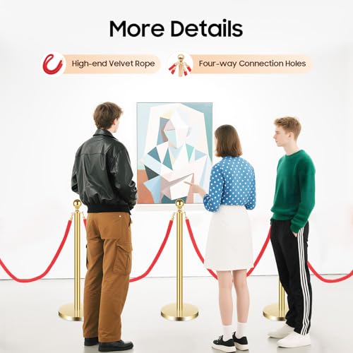 6-Pack Gold Stanchion Posts with Red Velvet Ropes - 37.4" Crowd Control Barriers for Events, Weddings, Museums, 4-Way Hook Connection, Heavy-Duty Base