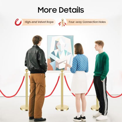 6-Pack Gold Stanchion Posts with Red Velvet Ropes - 37.4" Crowd Control Barriers for Events, Weddings, Museums, 4-Way Hook Connection, Heavy-Duty Base