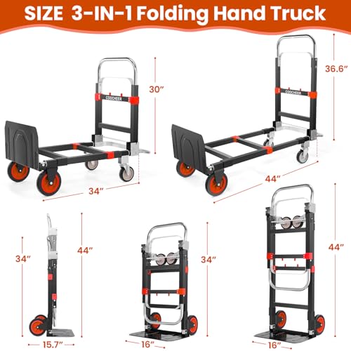 3-in-1 Folding Hand Truck, 600lb Convertible 4 to 2 Wheel Dolly Cart Red | For home office warehouse garage farm gym, carbon steel frame, base expands 35-44in, swivel rubber wheels, folds flat - color: Red-1