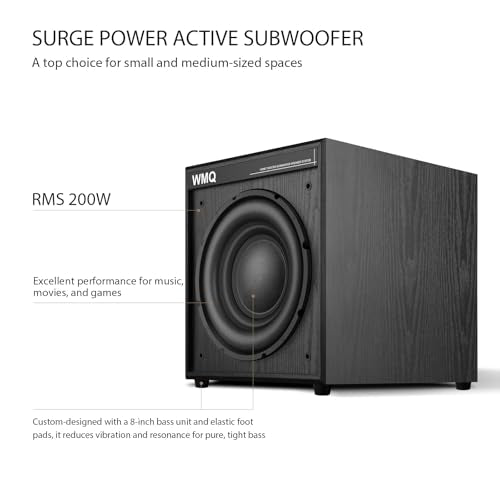 8" Active Home Theater subwoofer, Featuring SUB and RCA Input interfaces, 200W RMS, Medium-Density fiberboard Cabinet with Heat Sink, Adjustable Crossover Frequency Range from 60-180 Hz - size: 8-inch subwoofer